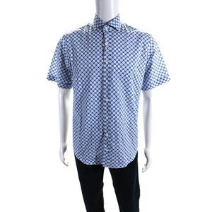 Brax Feel Good Mens Short Sleeve Geometric Button Up Shirt Blue White Small